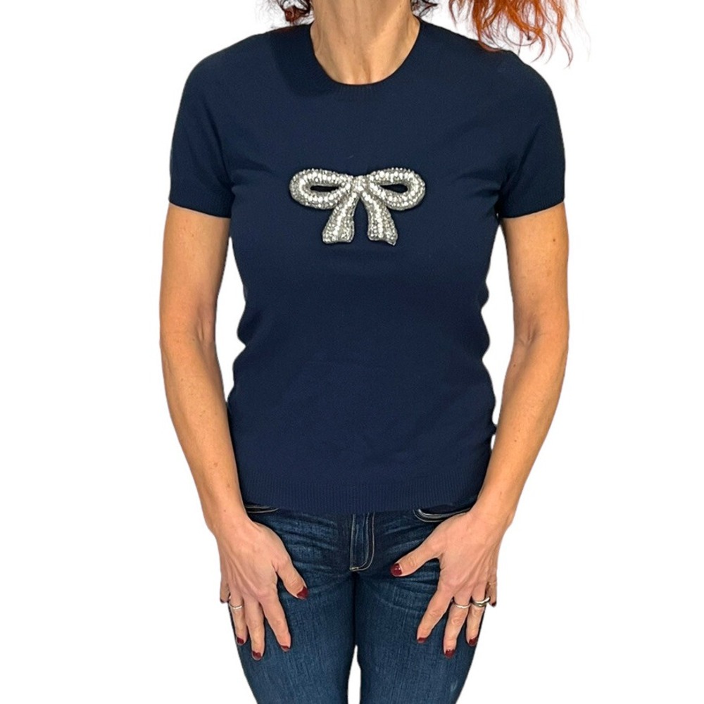 VALENTINO ROMA NAVY BLUE SHORT SLEEVE CRYSTAL RHINESTONE BOW SWEATER 10 FITS S/M